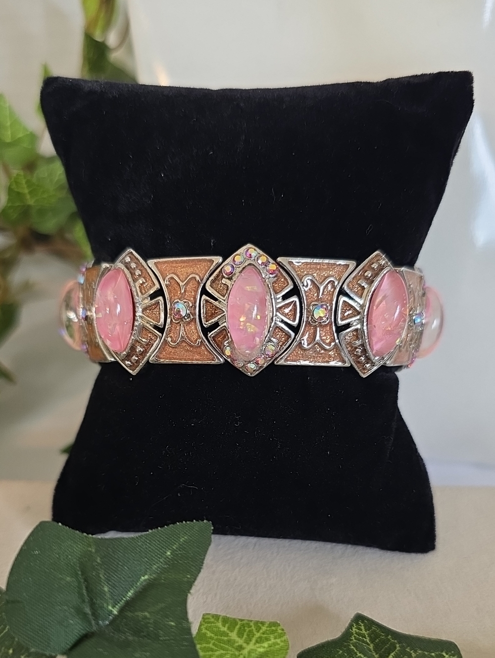 Vintage Pink Faux Opal Cabochon Stretch Bracelet Bronze Enamel Rhinestone